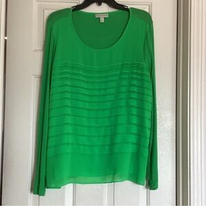 Dana Buchman Bright Green Pleated Front Long Sleeve Blouse